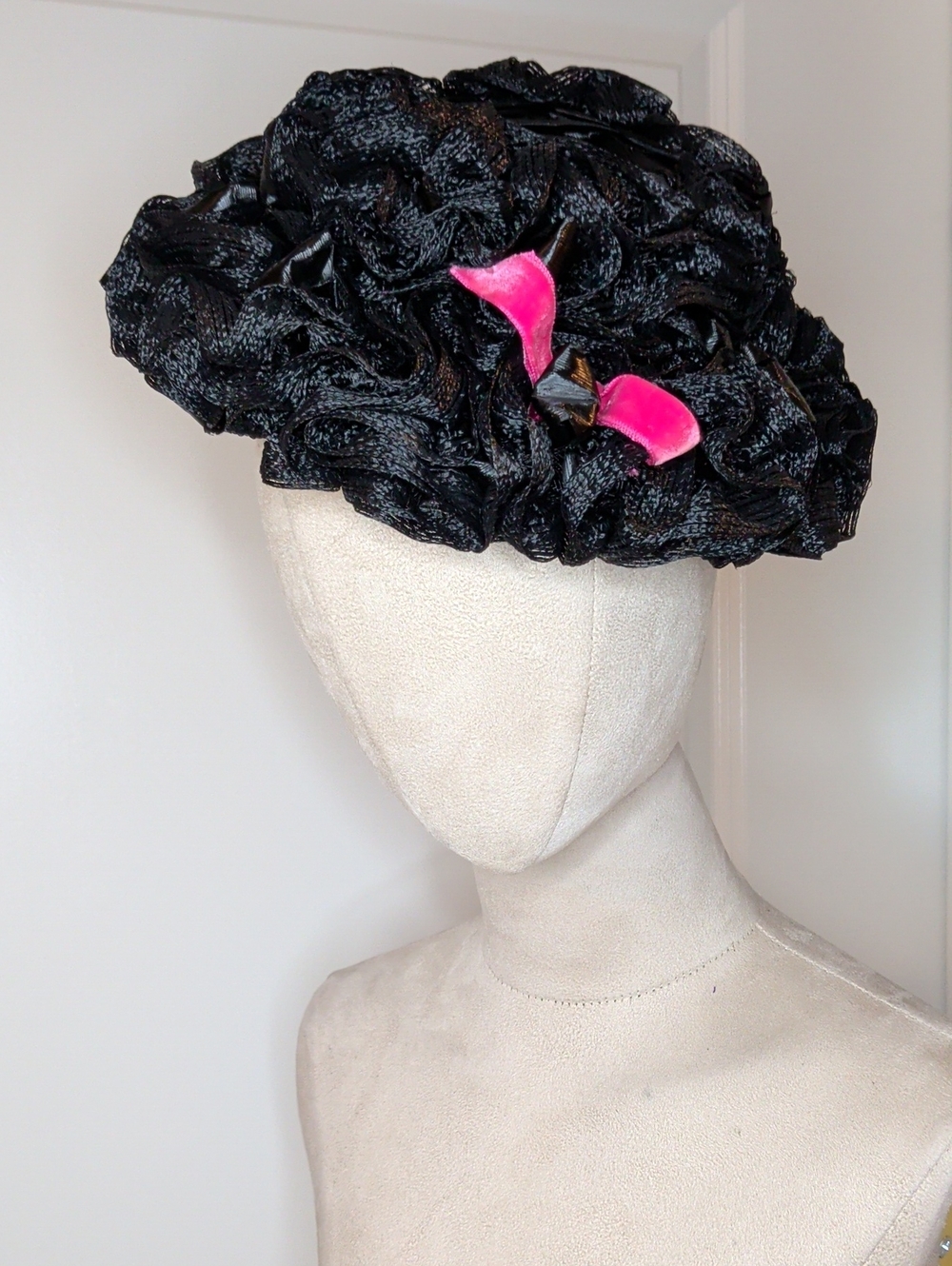 Vintage 60s Brianti Pillbox Hat Black Woven Straw & Ribbon Pink Bow Accent 20"